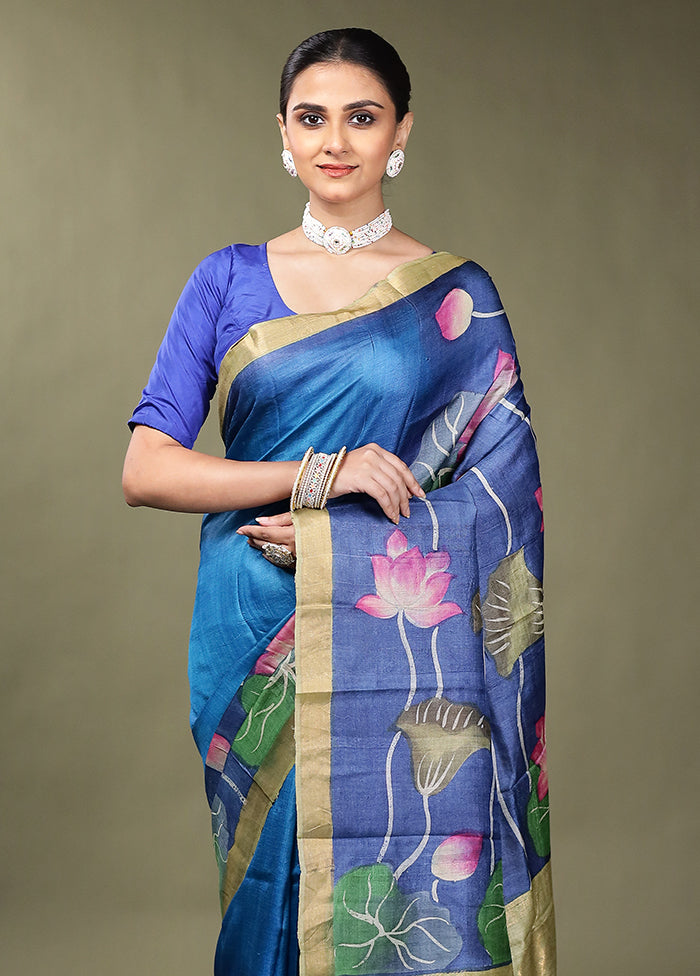 Blue Handloom Tussar Pure Silk Saree With Blouse Piece