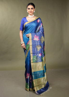 Blue Handloom Tussar Pure Silk Saree With Blouse Piece