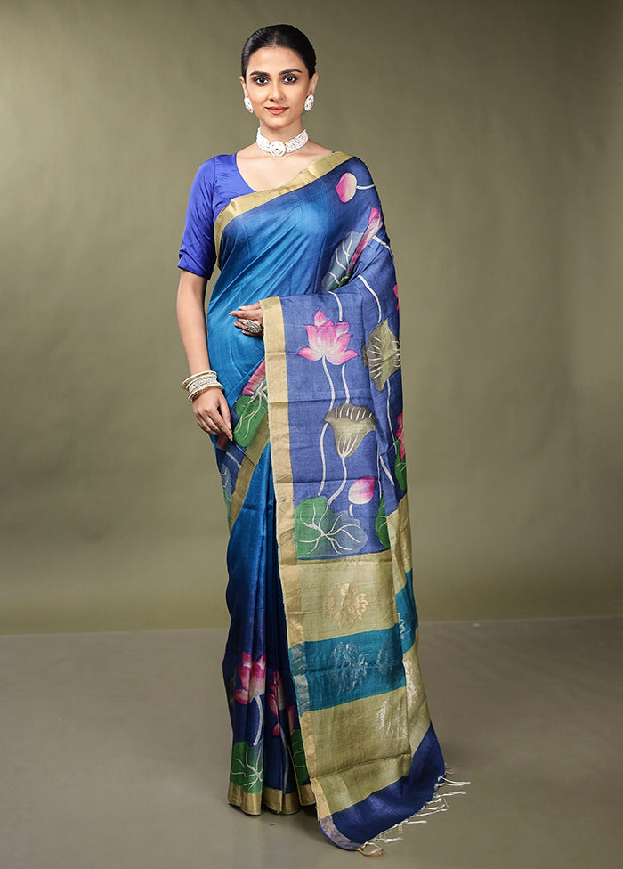 Blue Handloom Tussar Pure Silk Saree With Blouse Piece