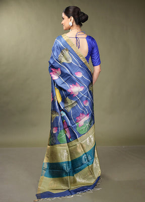 Blue Handloom Tussar Pure Silk Saree With Blouse Piece
