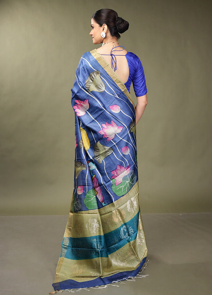 Blue Handloom Tussar Pure Silk Saree With Blouse Piece