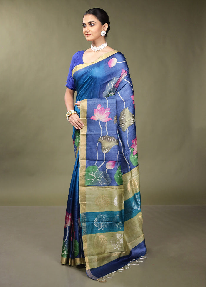 Blue Handloom Tussar Pure Silk Saree With Blouse Piece