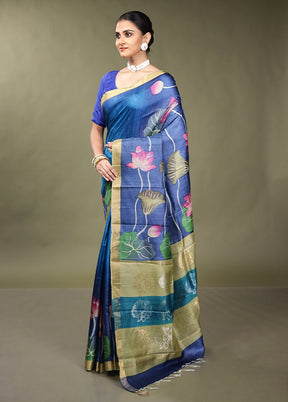 Blue Handloom Tussar Pure Silk Saree With Blouse Piece