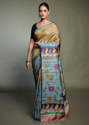 Blue Handloom Tussar Pure Silk Saree With Blouse Piece