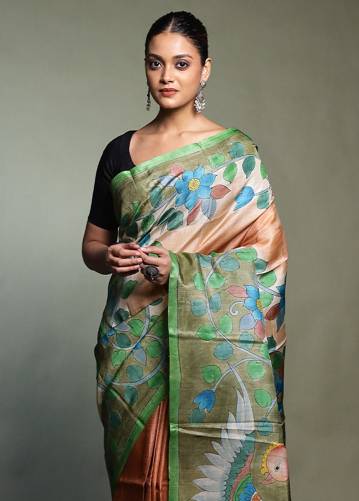 Cream Handloom Tussar Pure Silk Saree With Blouse Piece