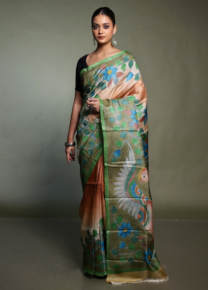Cream Handloom Tussar Pure Silk Saree With Blouse Piece