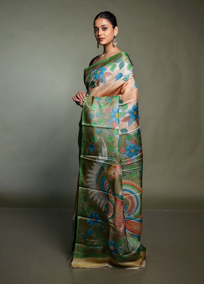 Cream Handloom Tussar Pure Silk Saree With Blouse Piece