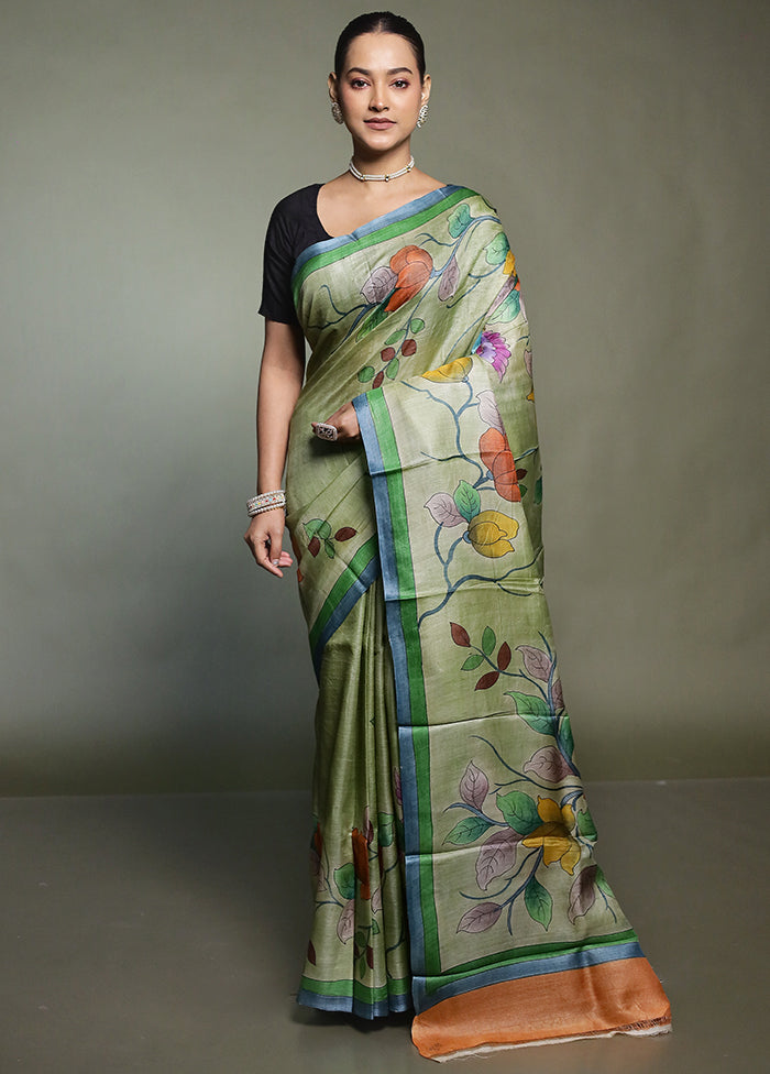 Green Handloom Tussar Pure Silk Saree With Blouse Piece
