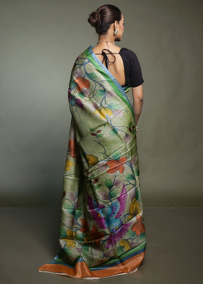 Green Handloom Tussar Pure Silk Saree With Blouse Piece