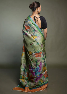 Green Handloom Tussar Pure Silk Saree With Blouse Piece