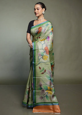 Green Handloom Tussar Pure Silk Saree With Blouse Piece