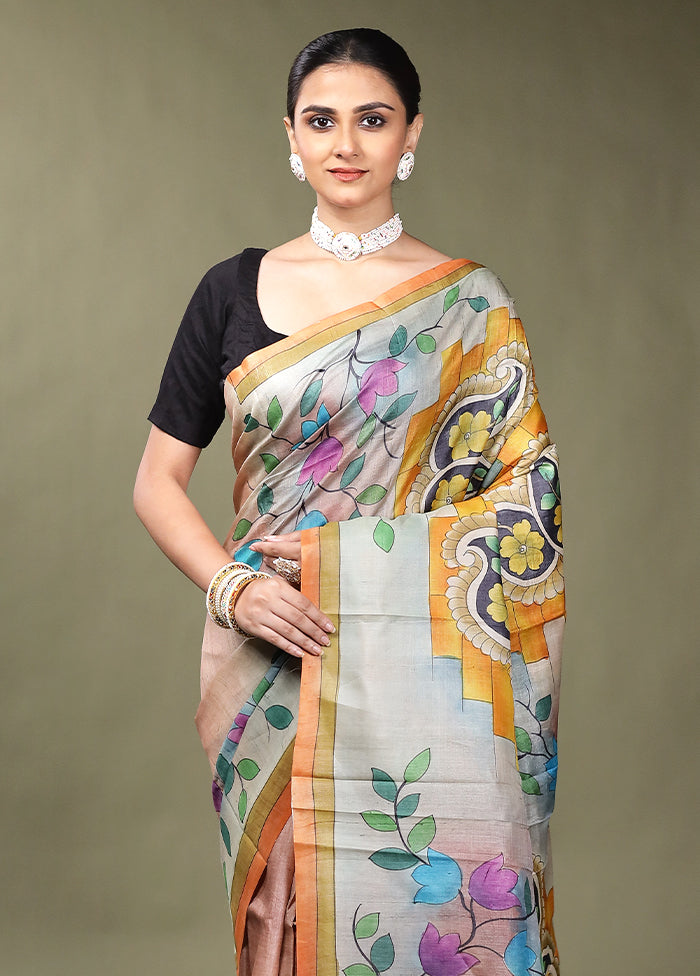 Multicolor Handloom Tussar Pure Silk Saree With Blouse Piece