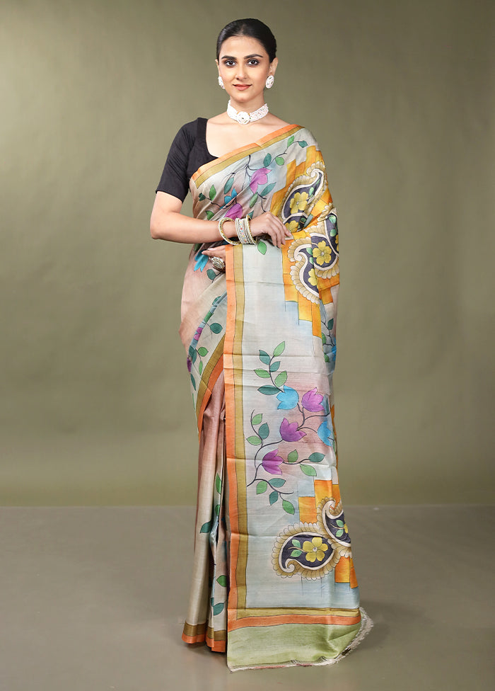 Multicolor Handloom Tussar Pure Silk Saree With Blouse Piece