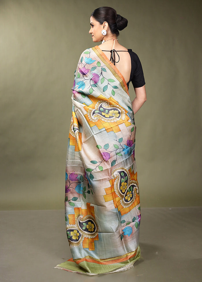 Multicolor Handloom Tussar Pure Silk Saree With Blouse Piece