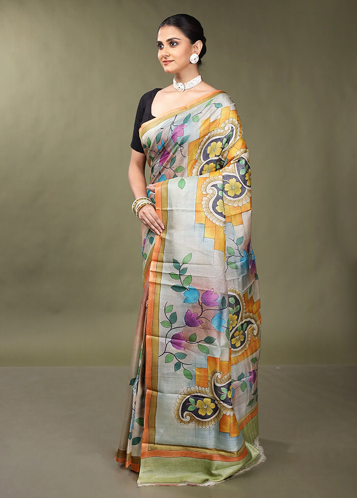 Multicolor Handloom Tussar Pure Silk Saree With Blouse Piece