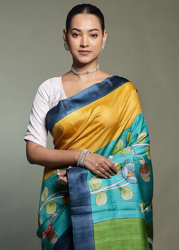 Blue Handloom Tussar Pure Silk Saree With Blouse Piece