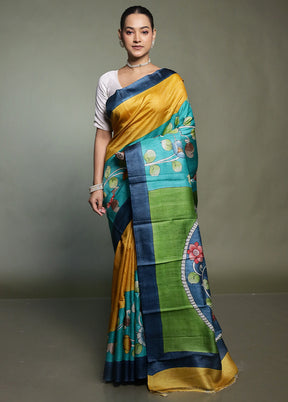 Blue Handloom Tussar Pure Silk Saree With Blouse Piece