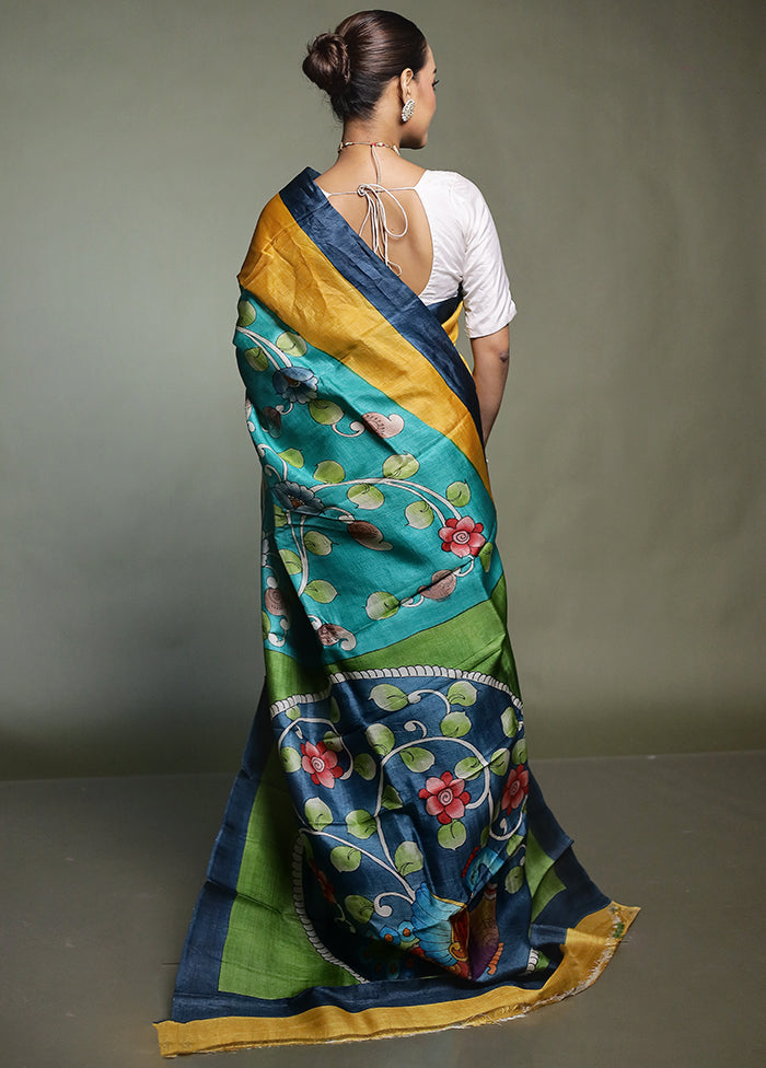 Blue Handloom Tussar Pure Silk Saree With Blouse Piece