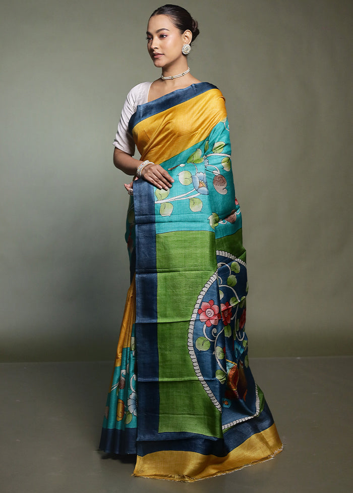 Blue Handloom Tussar Pure Silk Saree With Blouse Piece