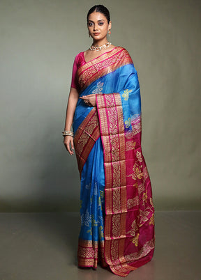 Blue Printed Pure Silk Saree Without Blouse Piece