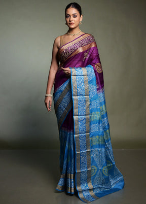 Purple Printed Pure Silk Saree Without Blouse Piece