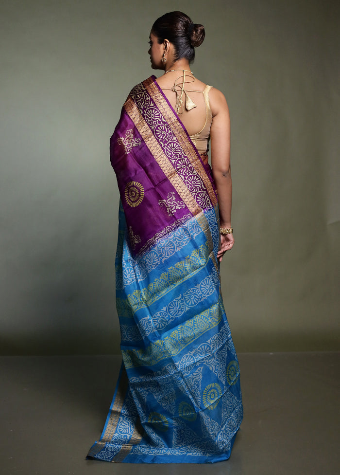 Purple Printed Pure Silk Saree Without Blouse Piece