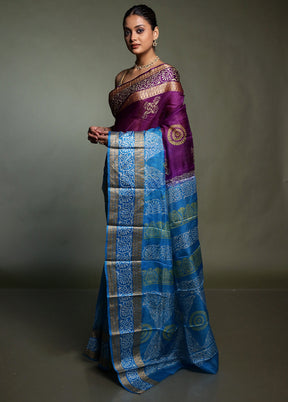 Purple Printed Pure Silk Saree Without Blouse Piece
