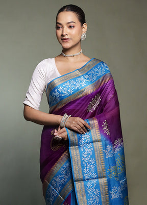 Purple Printed Pure Silk Saree Without Blouse Piece