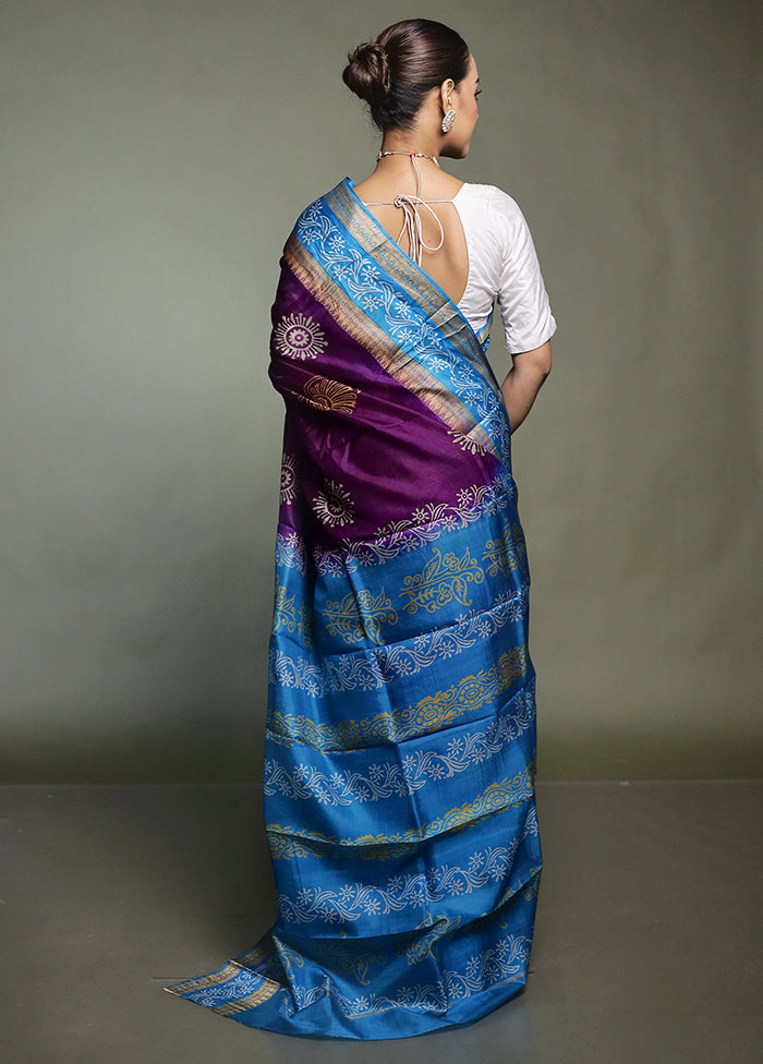 Purple Printed Pure Silk Saree Without Blouse Piece