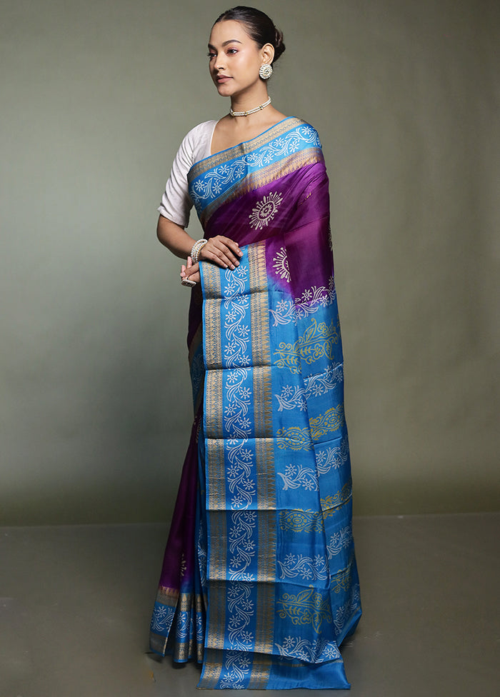 Purple Printed Pure Silk Saree Without Blouse Piece