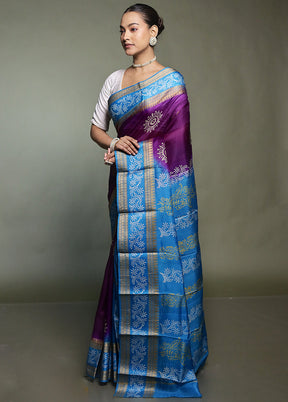 Purple Printed Pure Silk Saree Without Blouse Piece