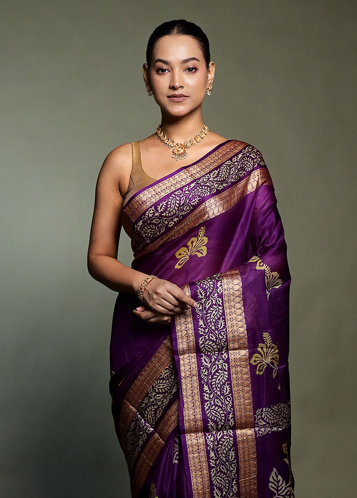 Purple Printed Pure Silk Saree Without Blouse Piece