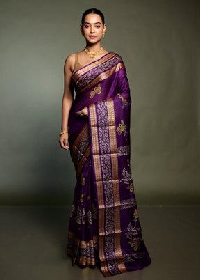 Purple Printed Pure Silk Saree Without Blouse Piece