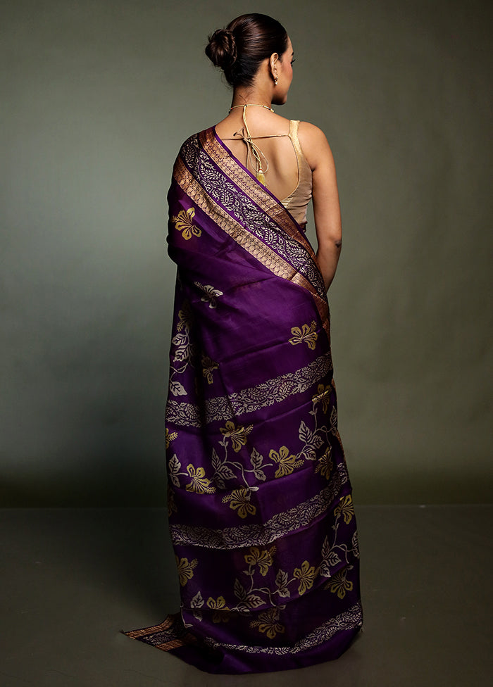 Purple Printed Pure Silk Saree Without Blouse Piece