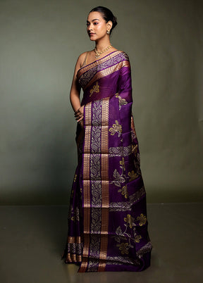 Purple Printed Pure Silk Saree Without Blouse Piece
