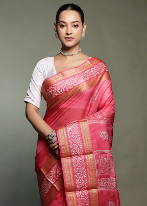 Pink Printed Silk Saree Without Blouse Piece