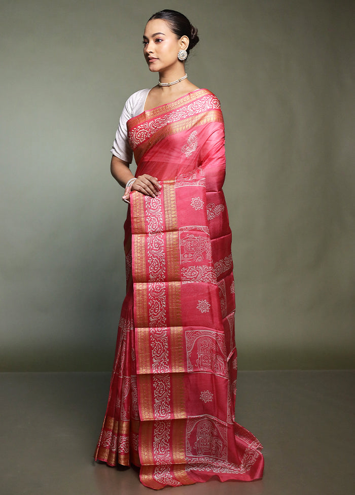 Pink Printed Silk Saree Without Blouse Piece