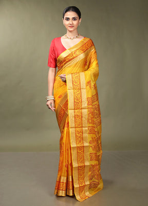 Yellow Printed Pure Silk Saree Without Blouse Piece