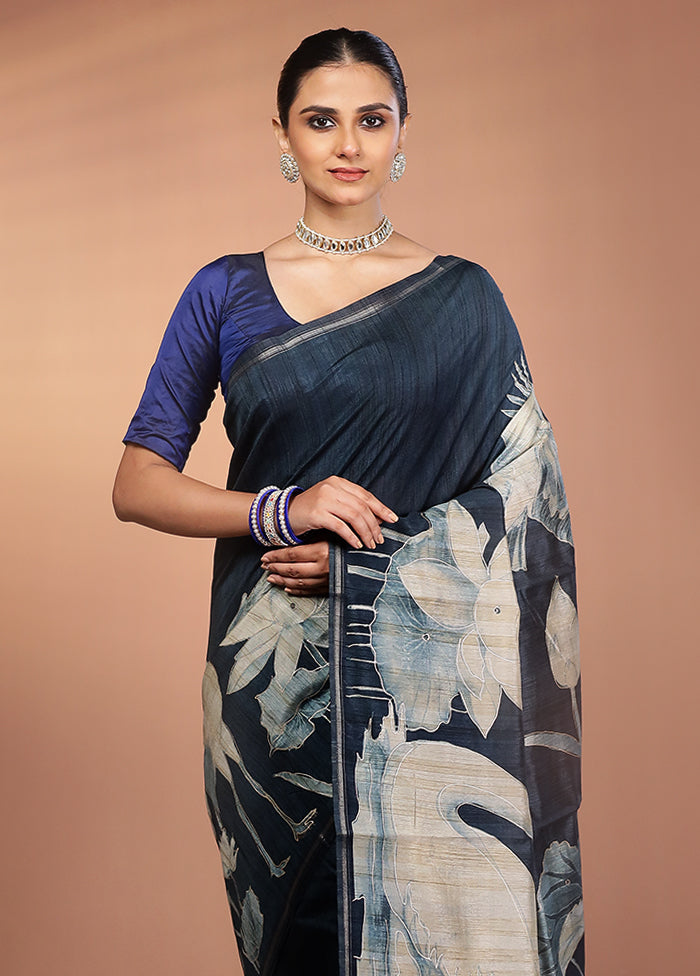 Blue Tussar Silk Saree With Blouse Piece