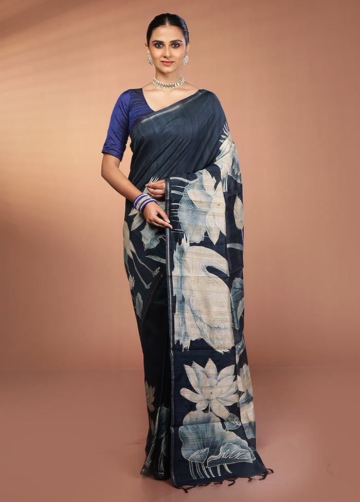 Blue Tussar Silk Saree With Blouse Piece