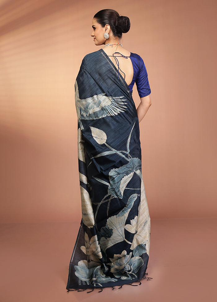 Blue Tussar Silk Saree With Blouse Piece