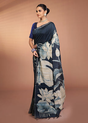 Blue Tussar Silk Saree With Blouse Piece