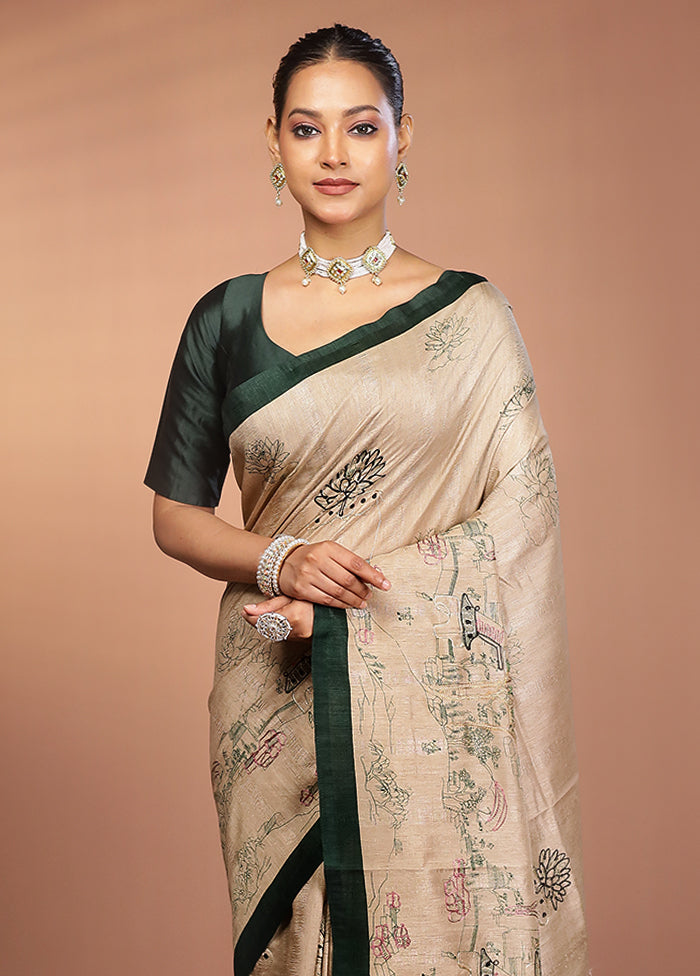Cream Tussar Silk Saree With Blouse Piece