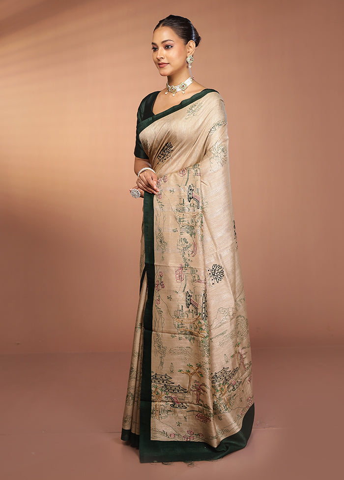 Cream Tussar Silk Saree With Blouse Piece