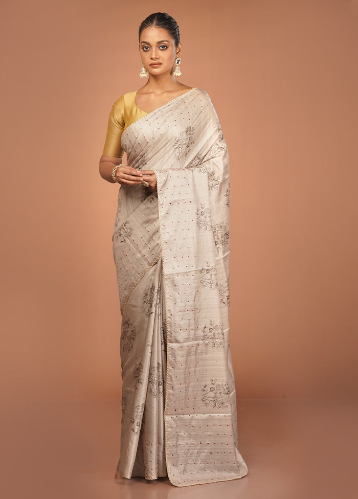 White Tussar Silk Saree With Blouse Piece