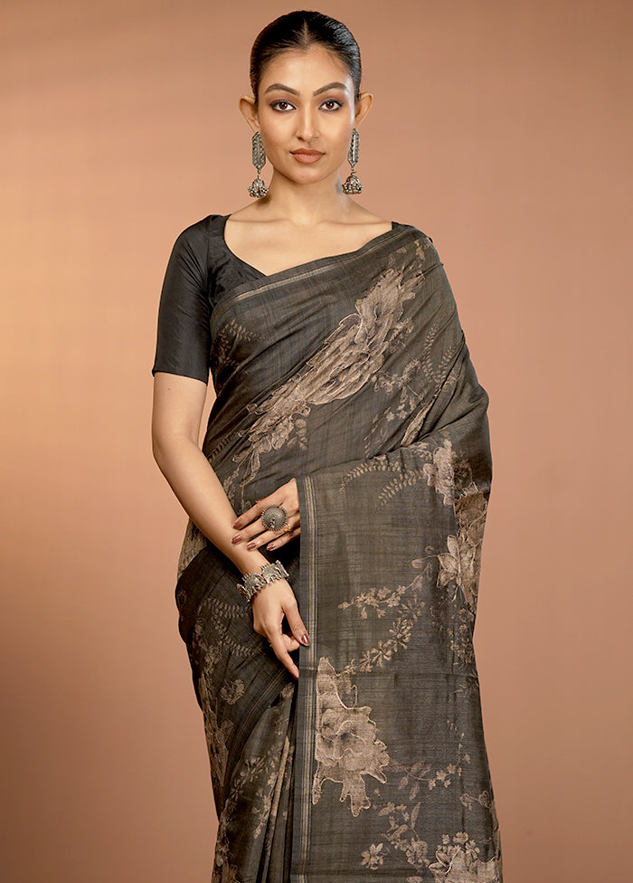 Black Tussar Silk Saree With Blouse Piece