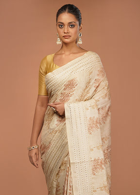 Cream Tussar Silk Saree With Blouse Piece