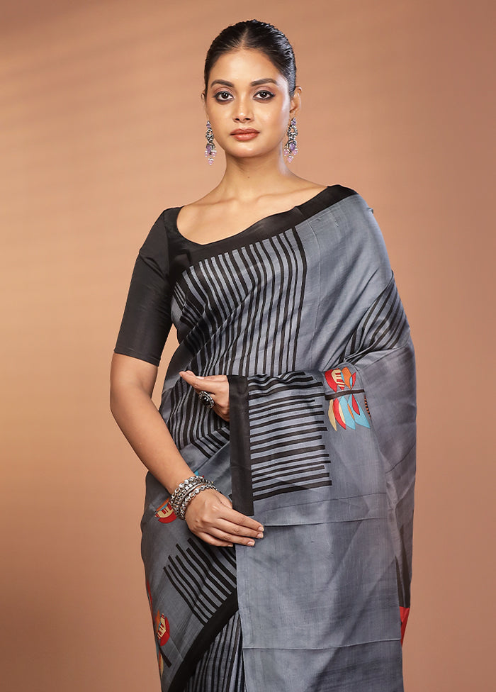 Grey Printed Pure Silk Saree Without Blouse Piece