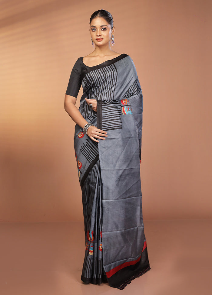 Grey Printed Pure Silk Saree Without Blouse Piece