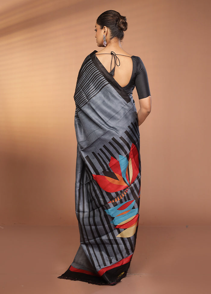 Grey Printed Pure Silk Saree Without Blouse Piece